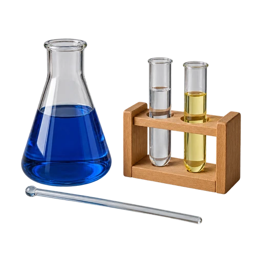 Erlenmeyer met inktblauwe vloeistof en een rekje met twee reageerbuizen