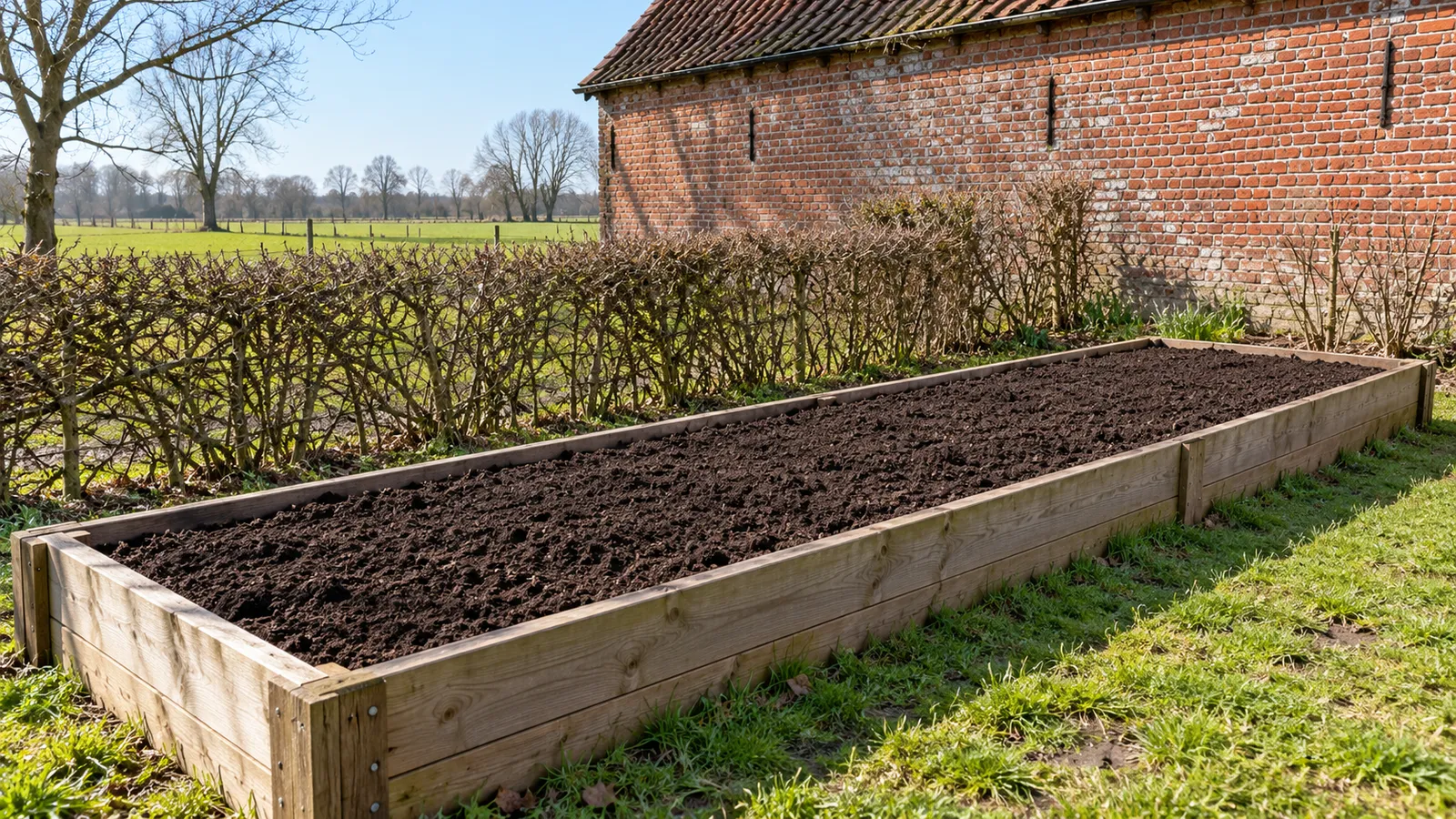 Houten verhoogd bed met verse donkere compost voor een rode bakstenen schuurmuur