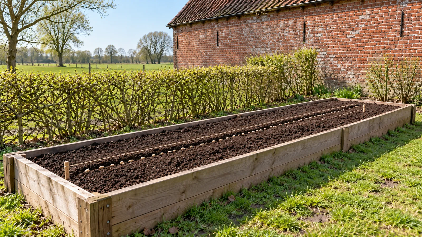 Hetzelfde bed met twee zaaivoren waarin de bonen half onder de grond liggen