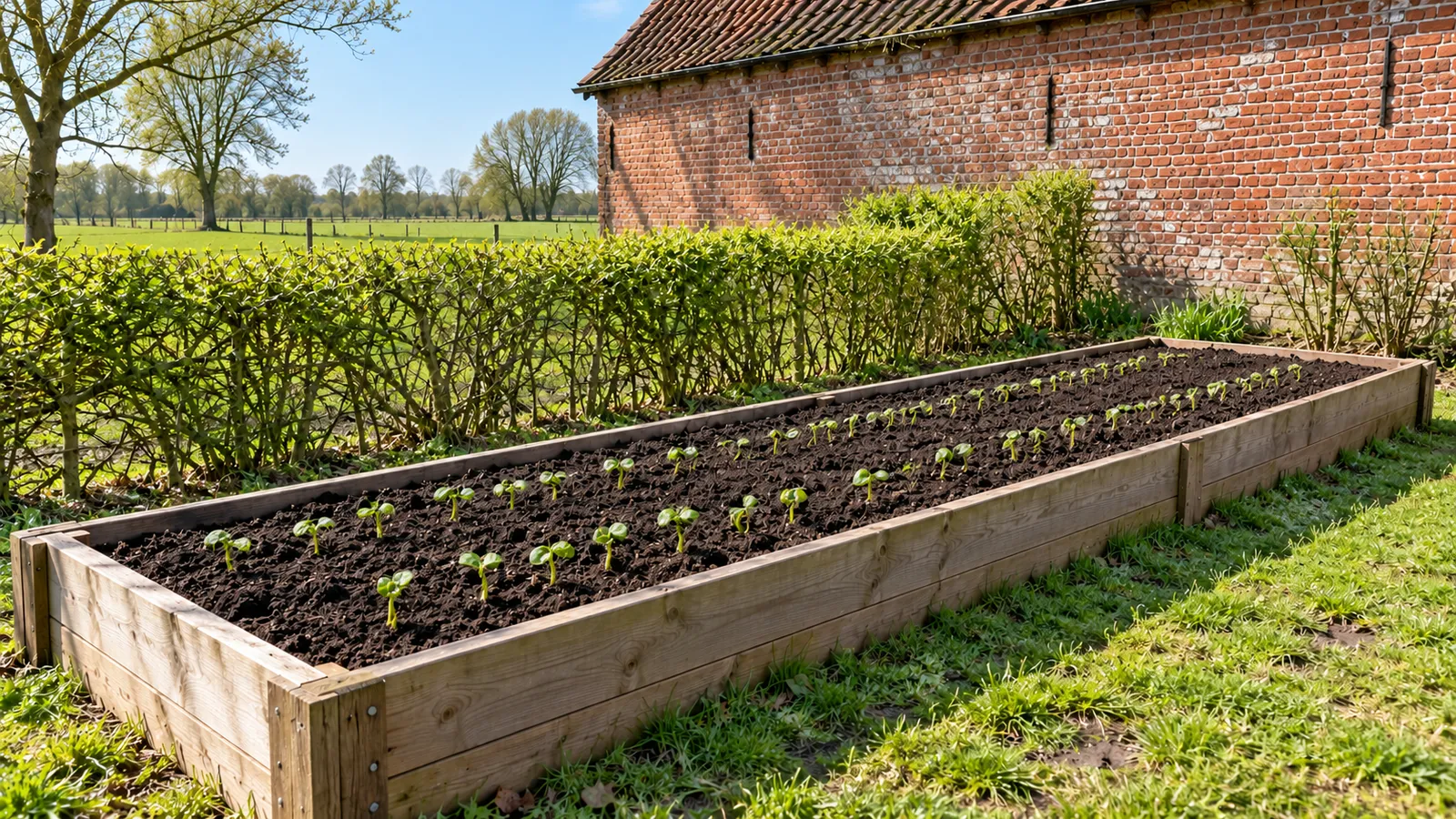 Kleine kiemplantjes van struikbonen in twee rijen in het bed