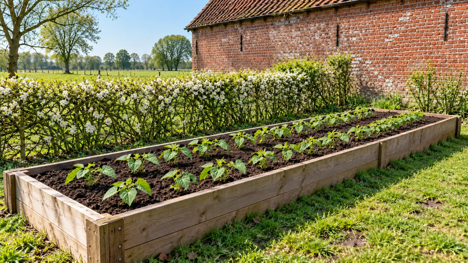 Jonge bonenplanten van ongeveer tien centimeter in twee gelijke rijen