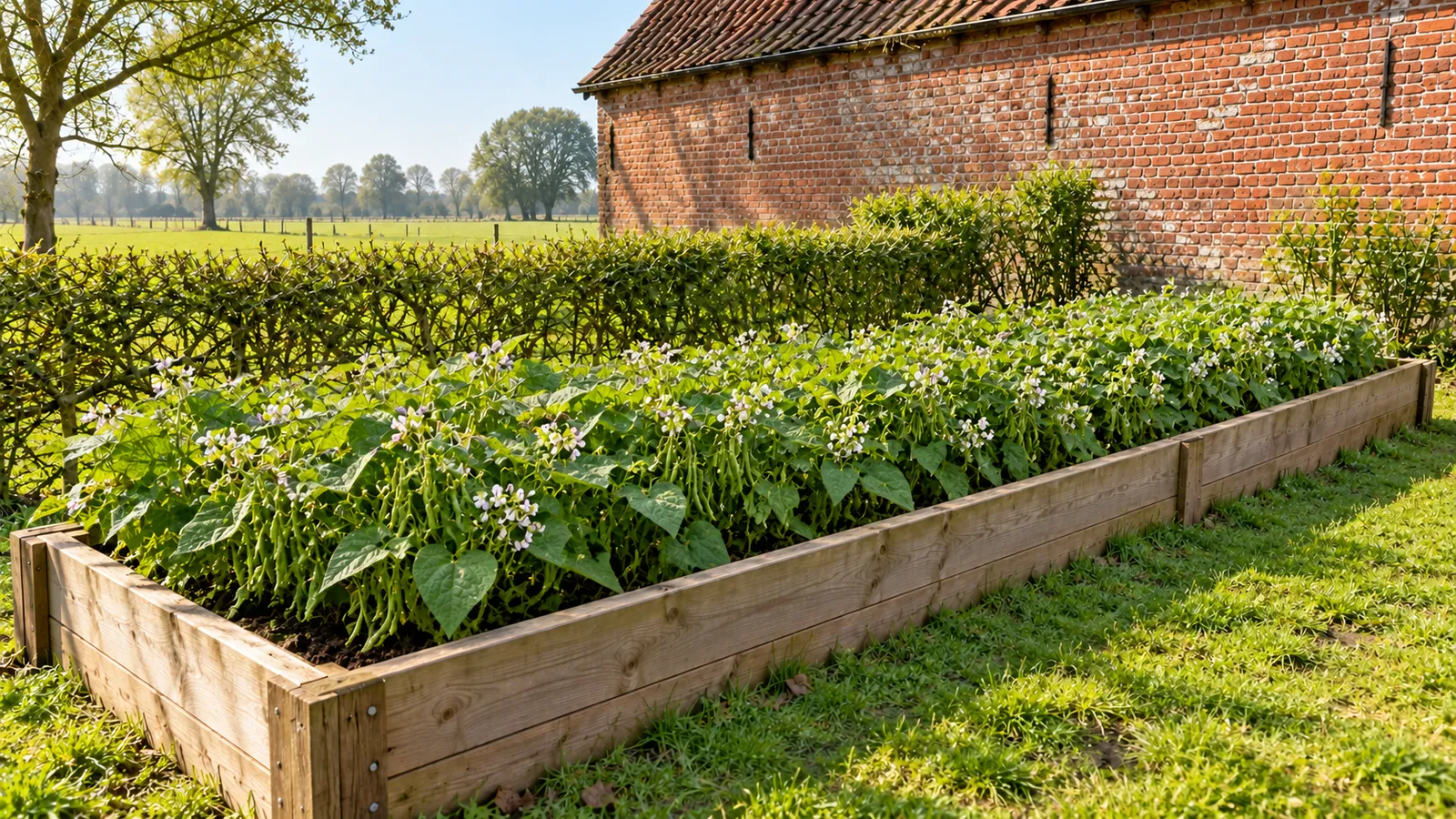 Bloeiende bonenplanten met witte bloemen en de eerste dunne peulen