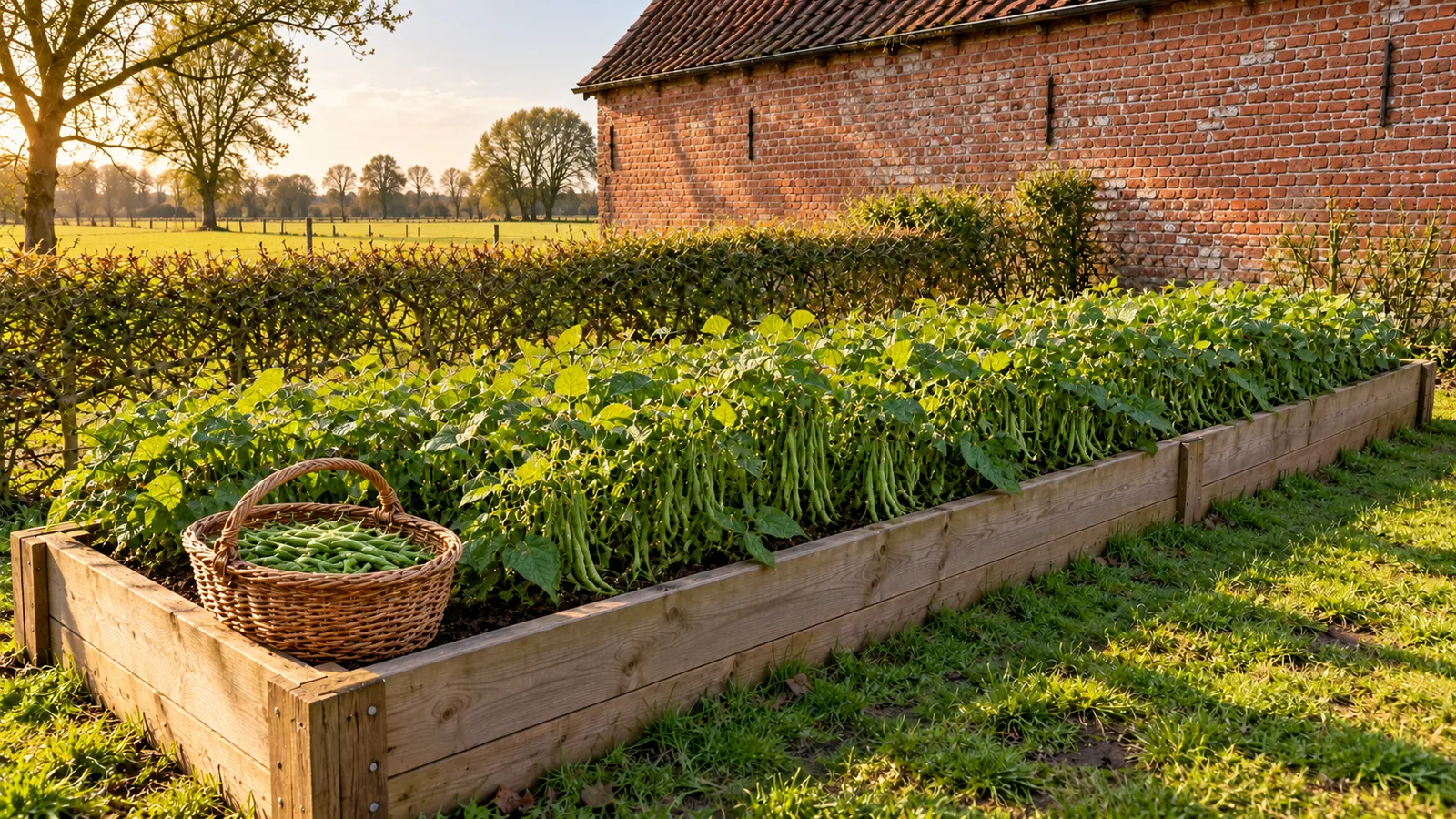 Bonenplanten vol lange peulen met een rieten mand geplukte bonen aan het eind van het bed