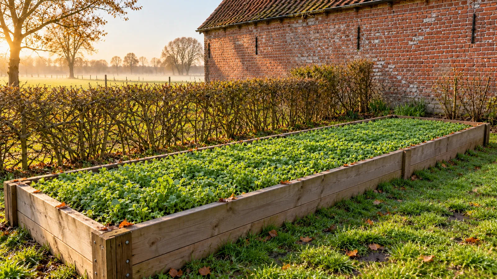 Het bed bedekt met een egale laag jonge groenbemester