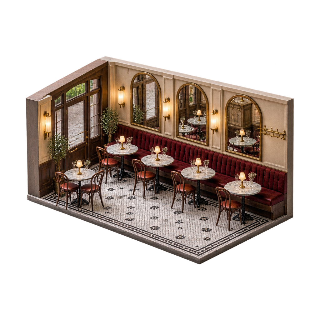 Maquette van de eetzaal met gebogen stoelen, marmeren tafeltjes, een bank in rood fluweel en hoge spiegels in messing lijsten