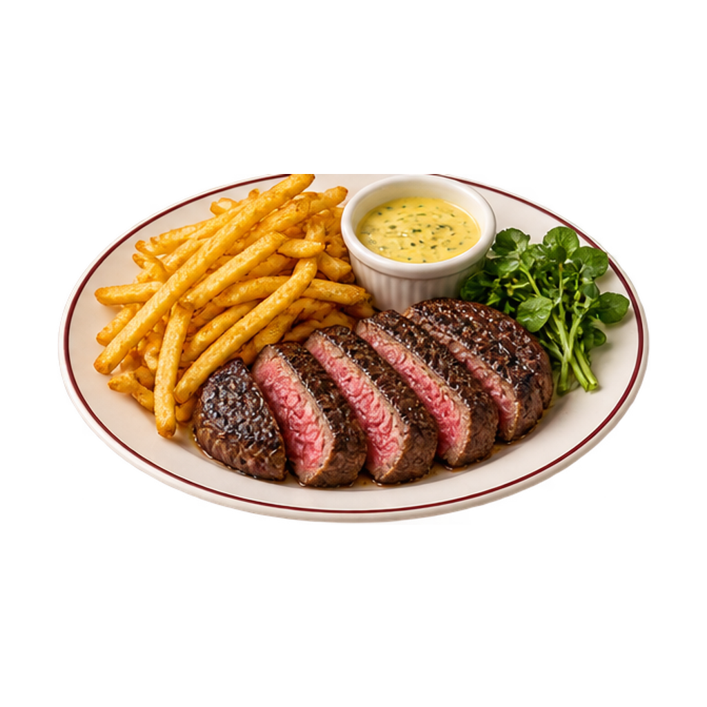 Gesneden entrecôte met dunne frites, béarnaise en waterkers
