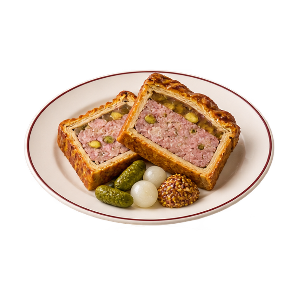 Twee plakken pâté en croûte met cornichons en grove mosterd