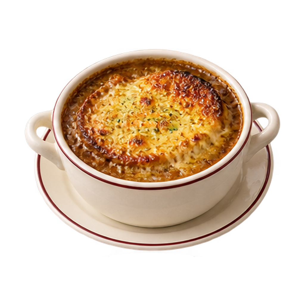 Soupe à l'oignon gratinée in een kom met een gesmolten korst van gruyère