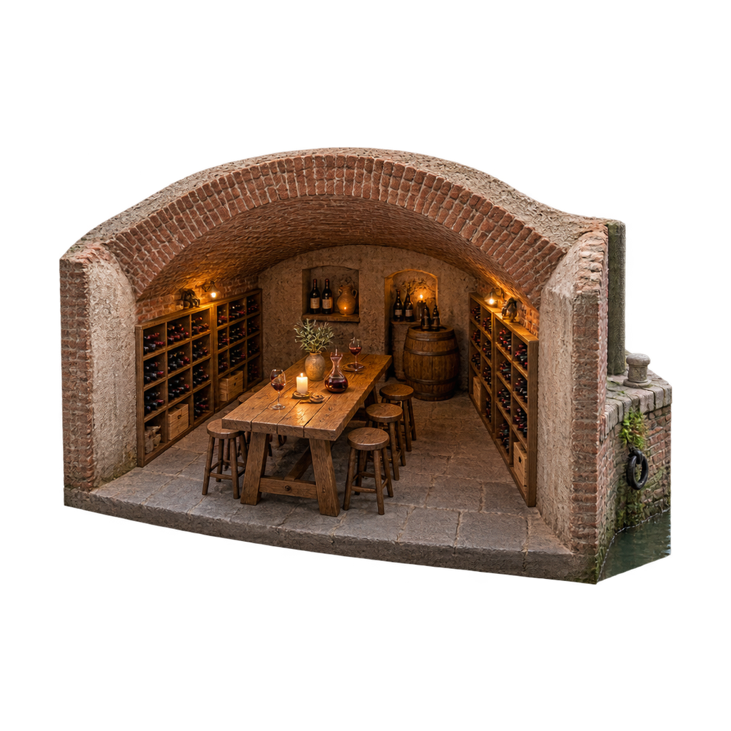 Maquette van de werfkelder: een laag bakstenen gewelf, wijnrekken langs de muren en een lange eikenhouten proeftafel met kaarslicht