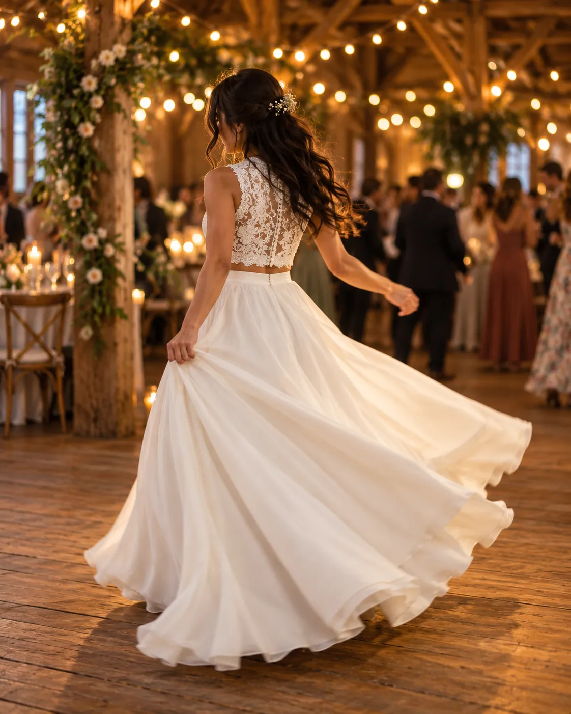 Amira danst op de houten vloer van een feestschuur, in een kanten top met een wijde rok (voorbeeld)