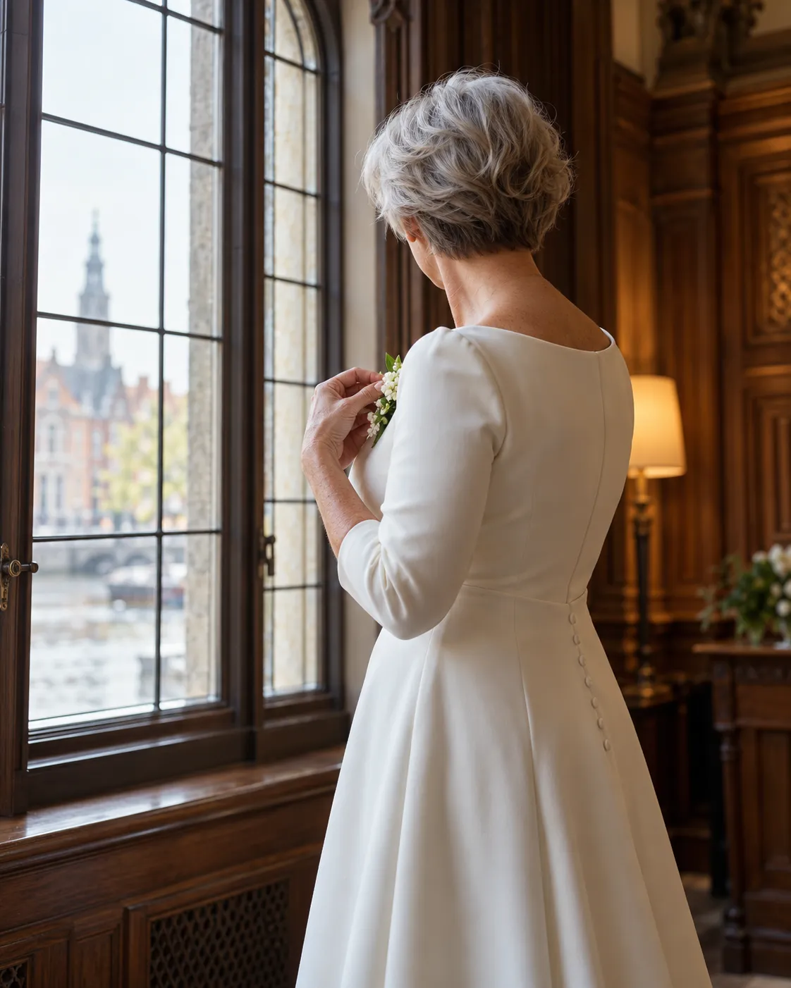 Els speldt bij een hoog raam van de trouwzaal een takje bloemen op haar A-lijn van crêpe (voorbeeld)