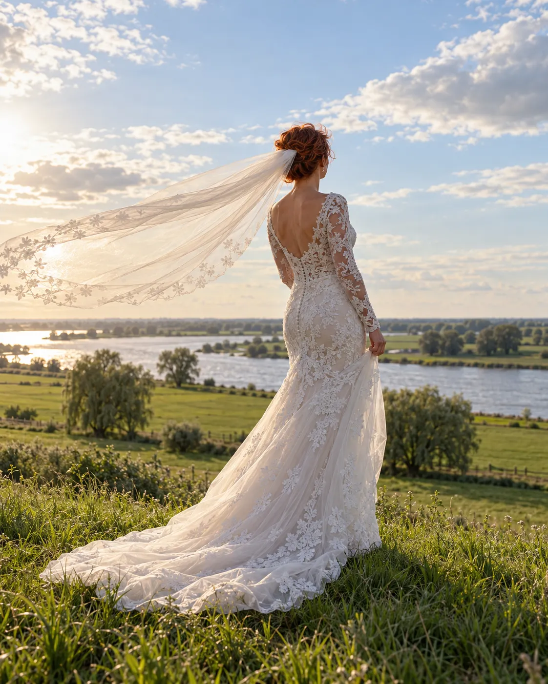 Ilse staat op de rivierdijk, haar sluier waait opzij boven een kanten zeemeerminjurk (voorbeeld)