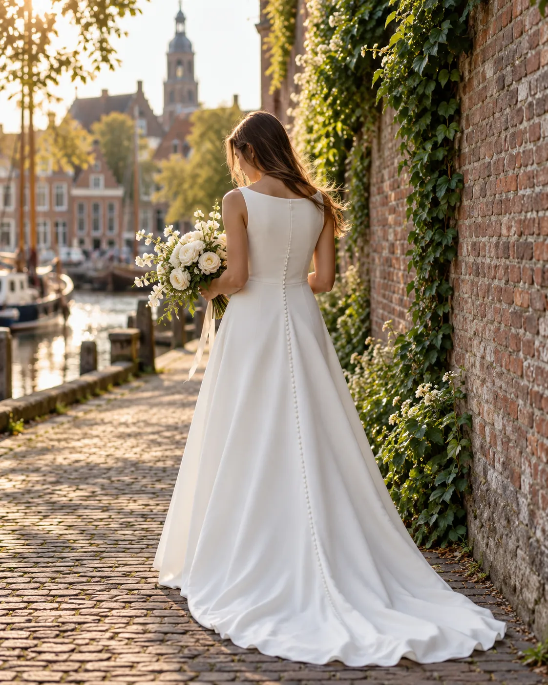 Noor loopt over het pad langs de oude stadsmuur, in een A-lijn van matte crêpe met boothals (voorbeeld)