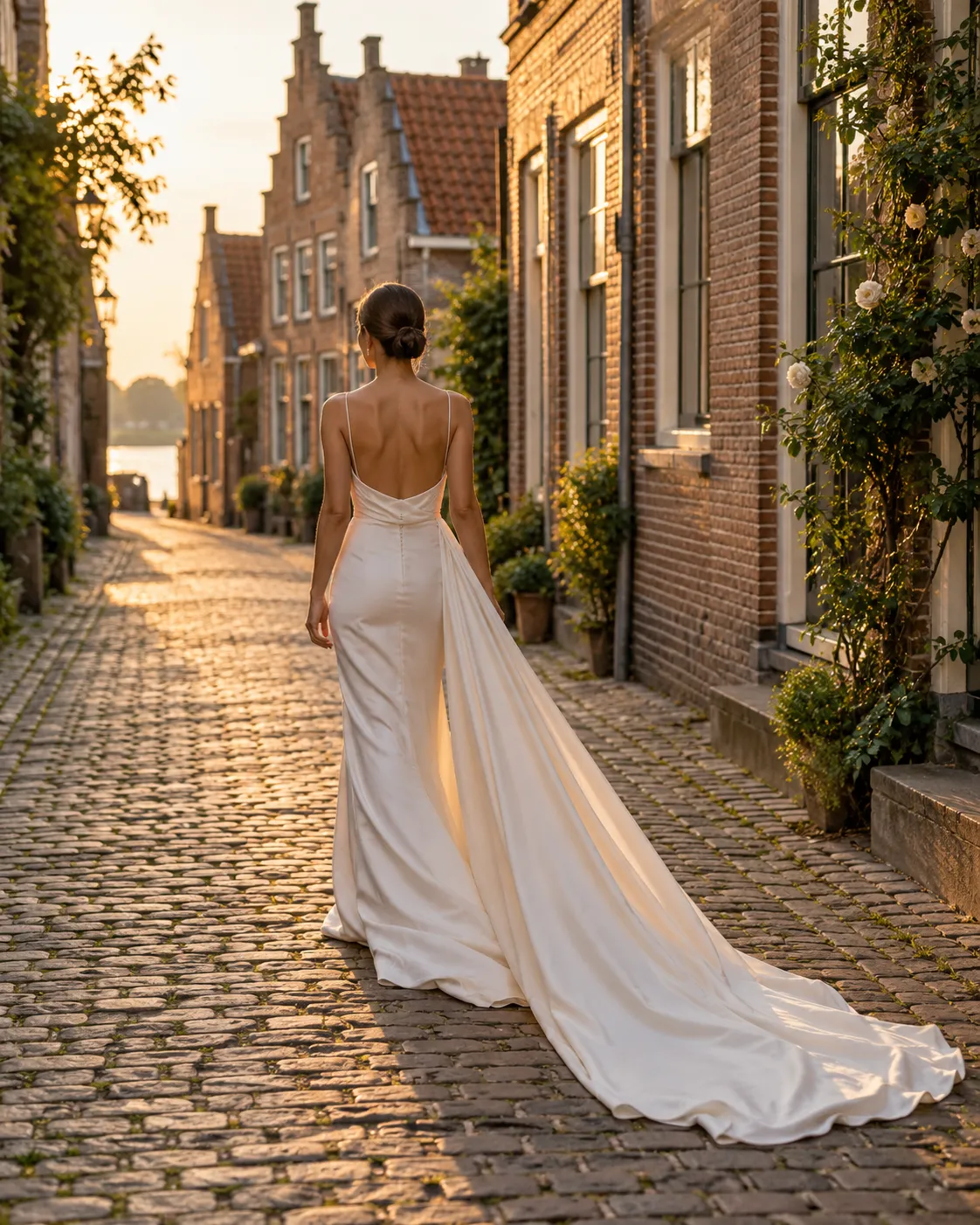 Sanne loopt door een straat met kasseien, in een satijnen jurk met losse sleep (voorbeeld)