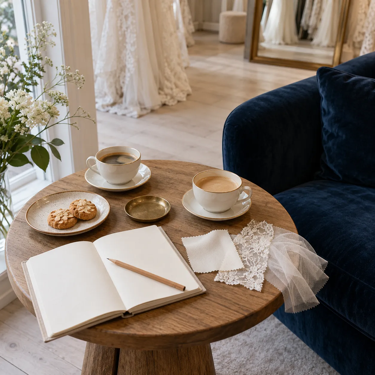 Twee kopjes koffie, een open notitieboek en drie stofstalen op een bijzettafel naast een fluwelen fauteuil