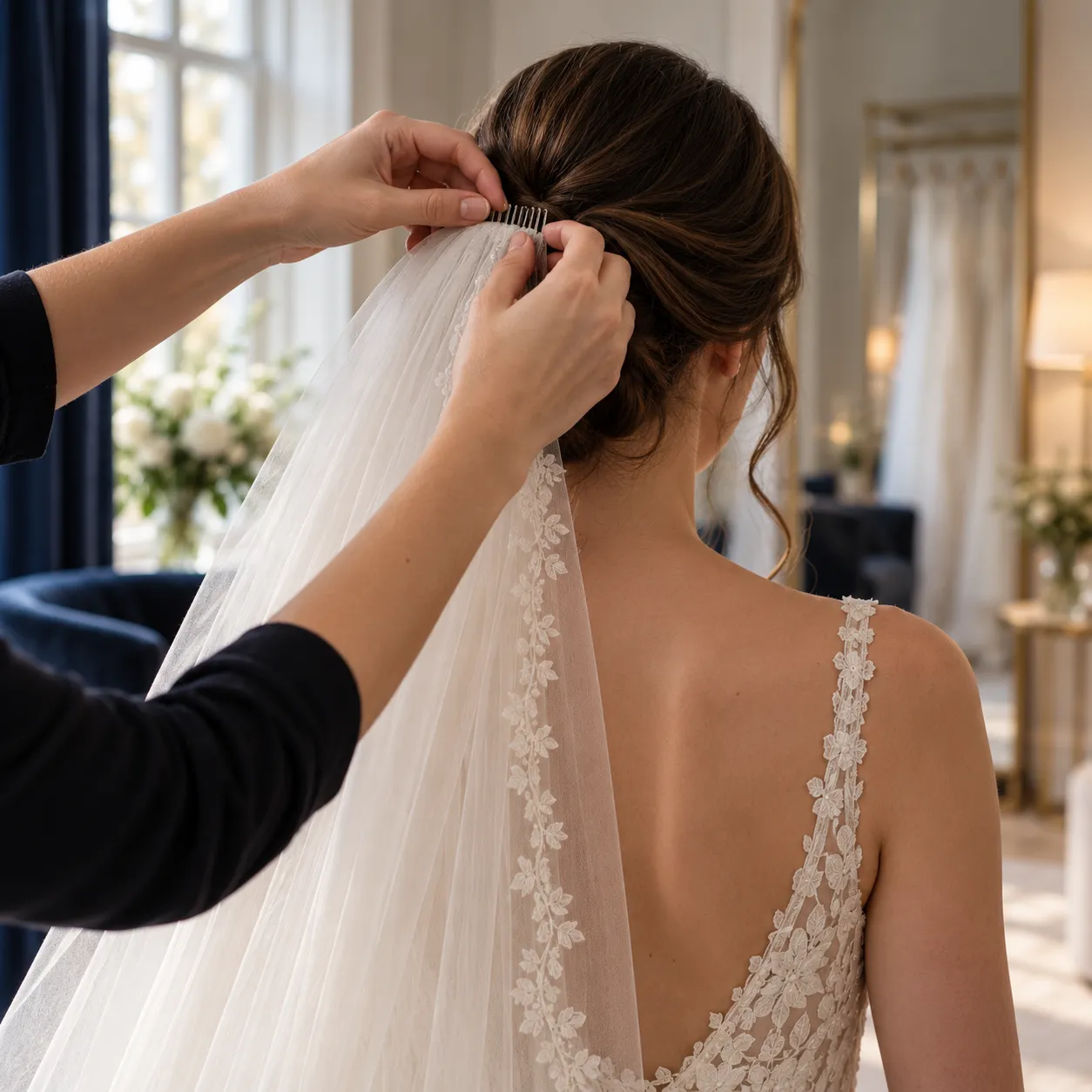 Twee handen steken een lange tule sluier met een kanten rand in opgestoken haar