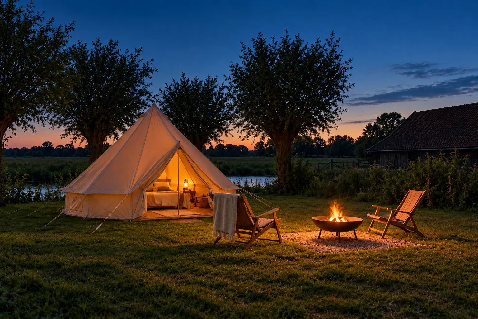 Plek 7 om tien uur 's avonds: de tent licht warm op en in de vuurschaal brandt een klein vuur