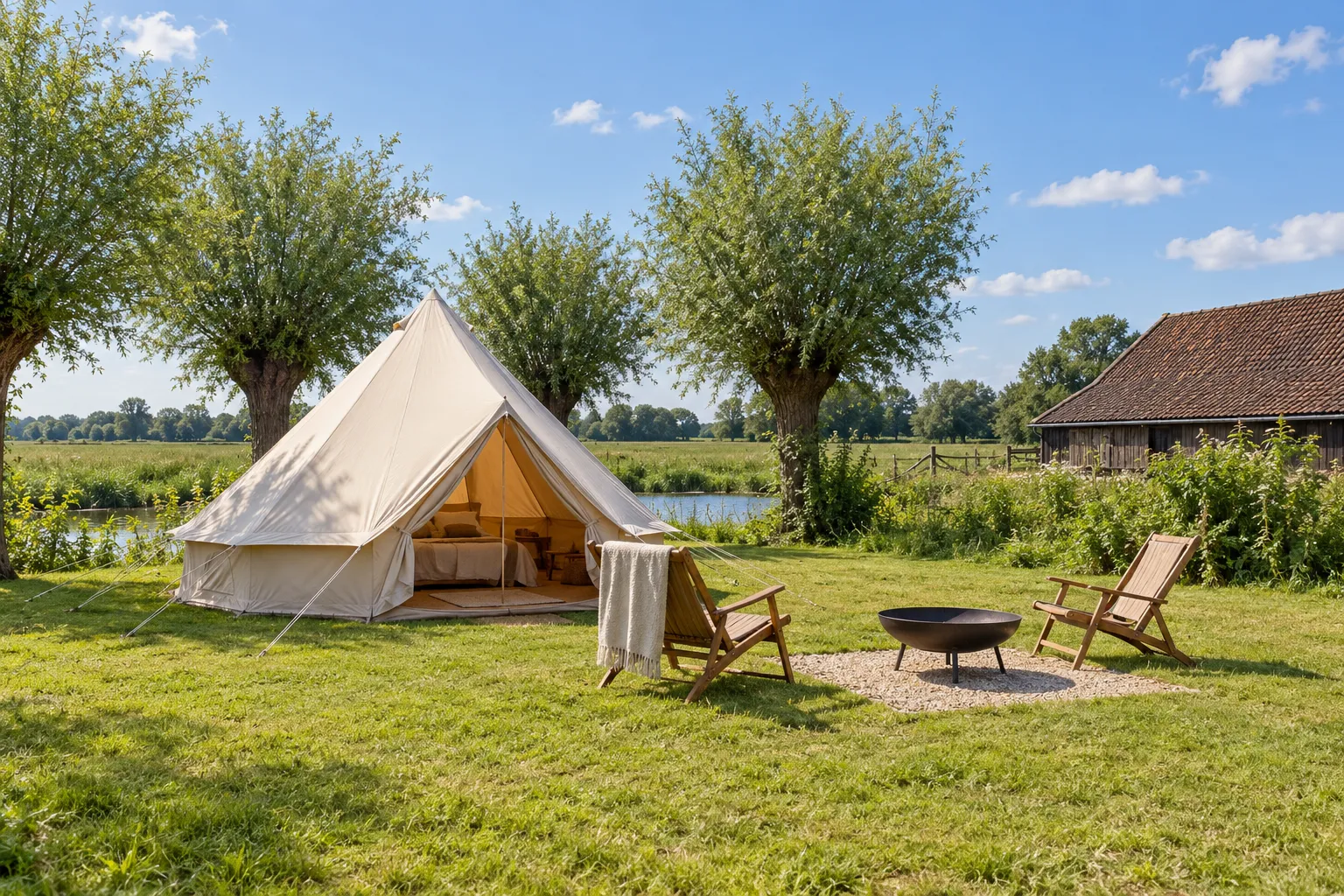 Plek 7 om twee uur 's middags: een zandkleurige tent, twee houten stoelen en een vuurschaal in de zon