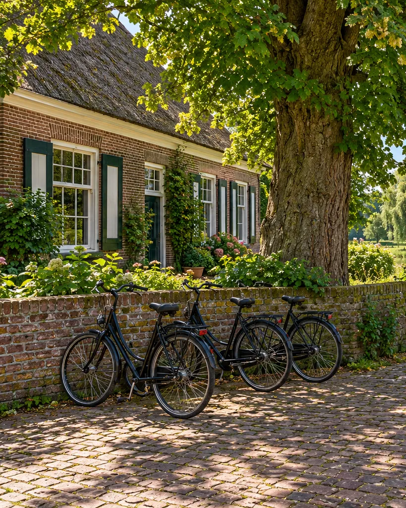 Het erf met keien, een lindeboom en het zandpad naar het veld