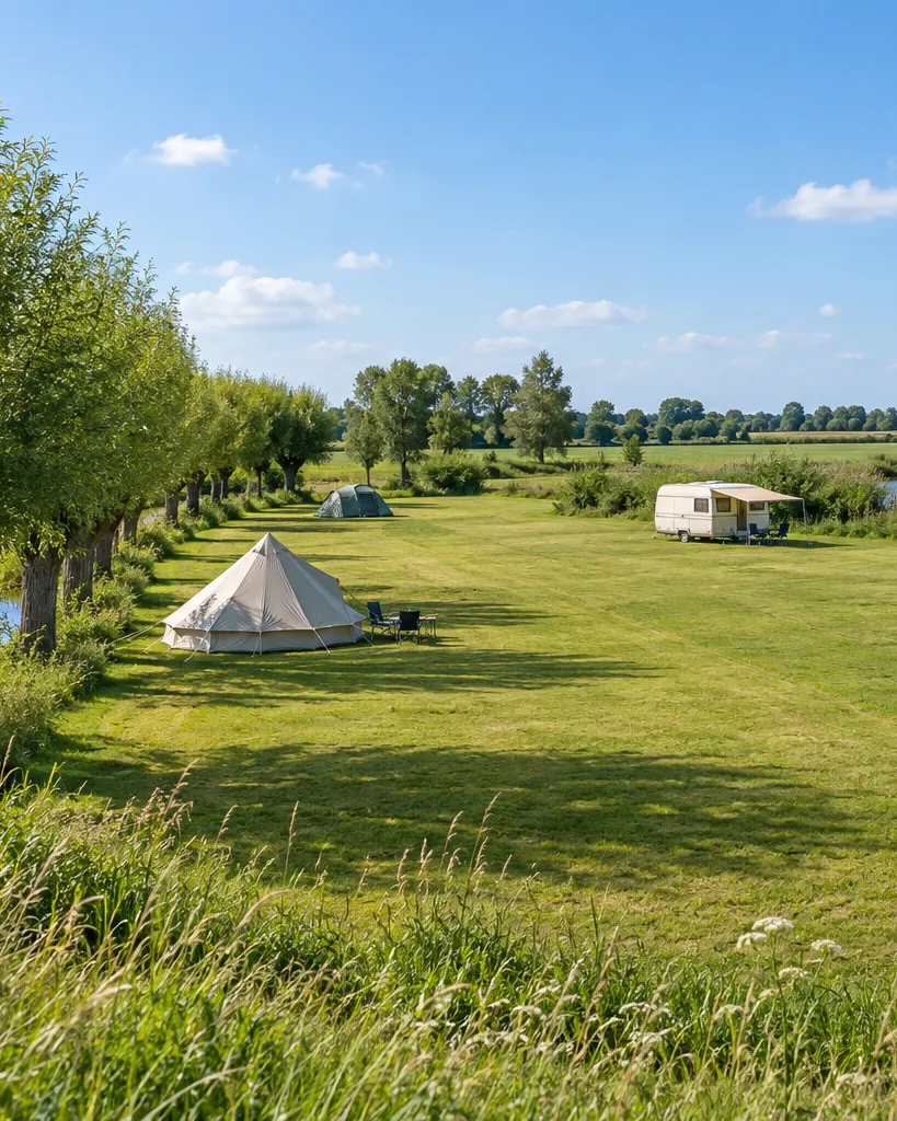 Overzicht over het veld met ruime grasplekken, een rij knotwilgen, de vijver en de schuur