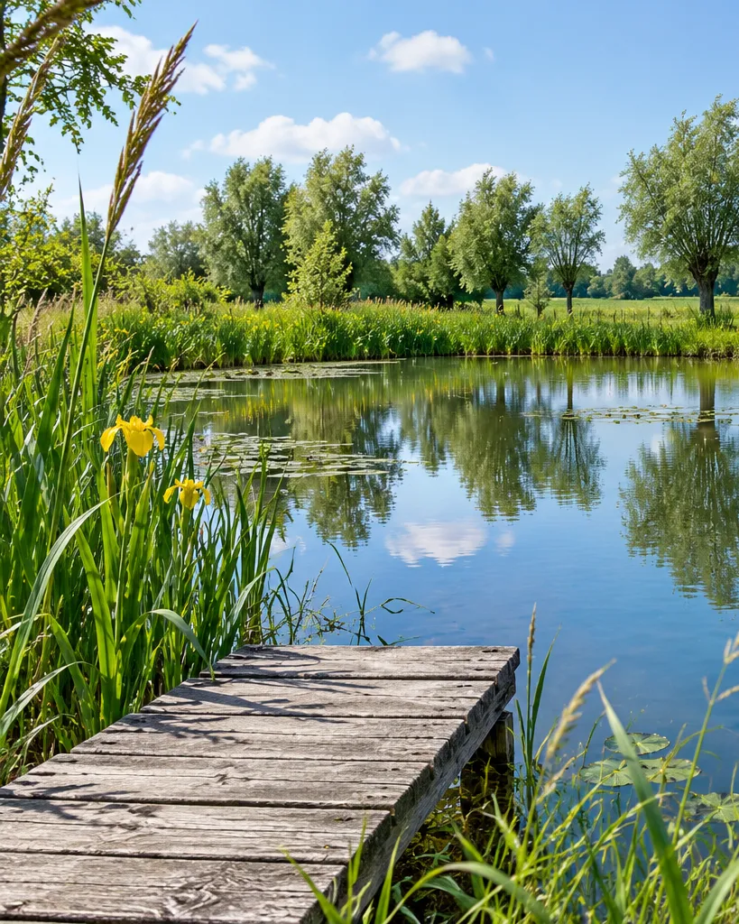 De vijver met een houten steiger, riet en waterlelies