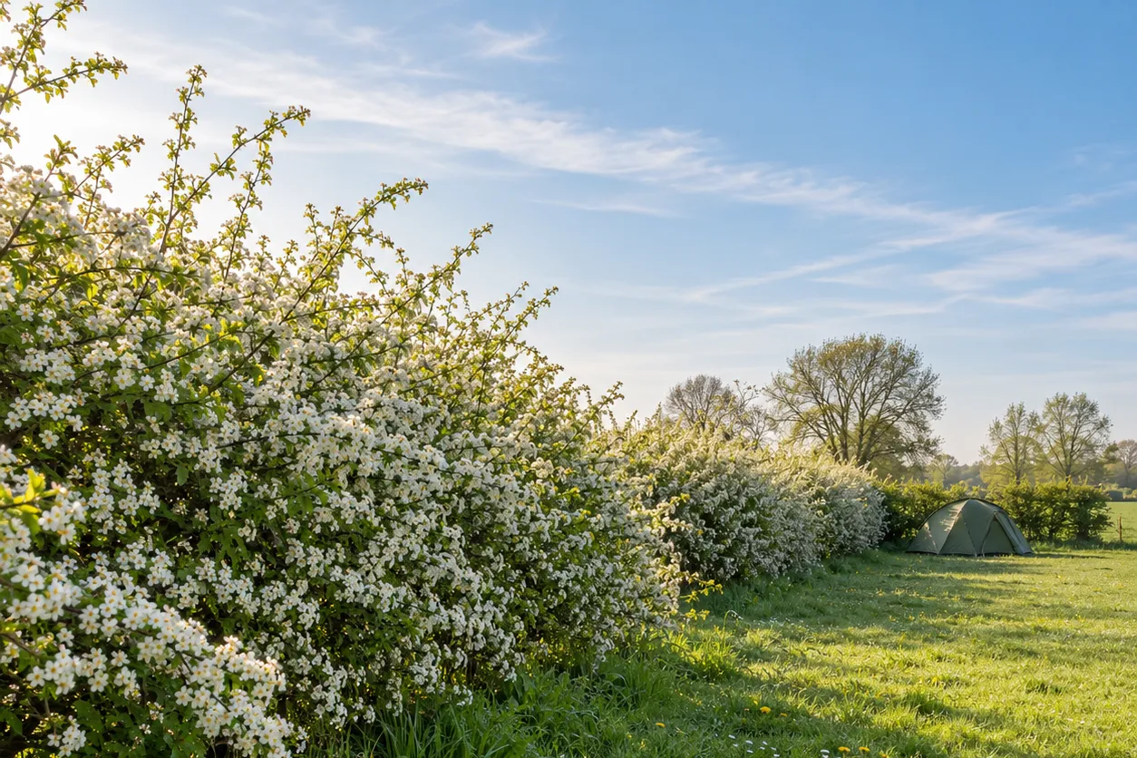 April: een bloeiende meidoornhaag langs het veld