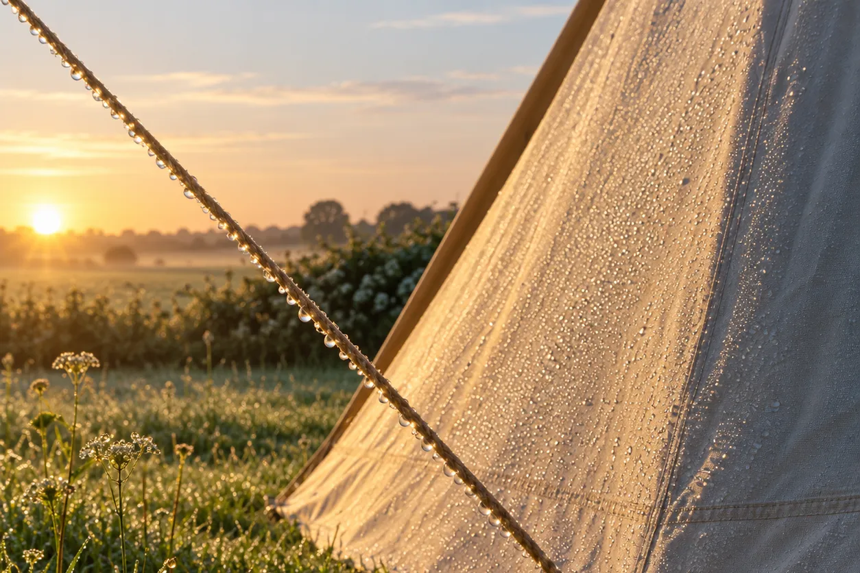 Dauw op het tentdoek bij zonsopkomst