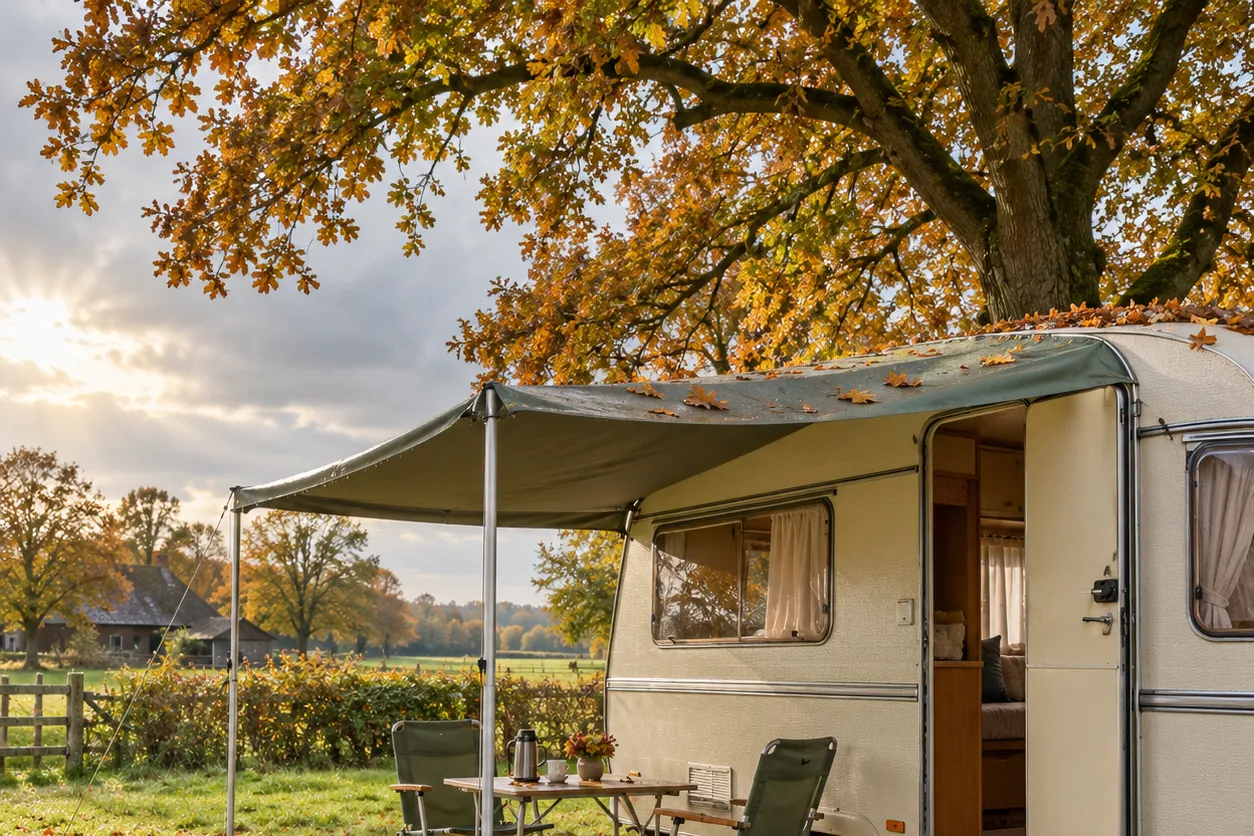 Oktober: eikenblad op het dak van een caravan
