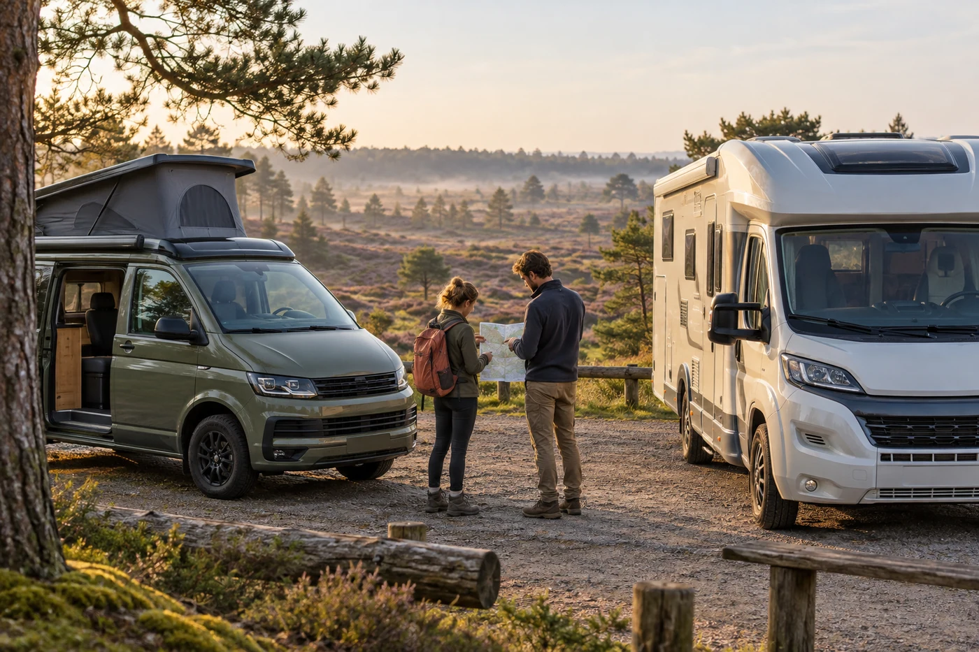 Twee reizigers vergelijken een compacte en grotere camper