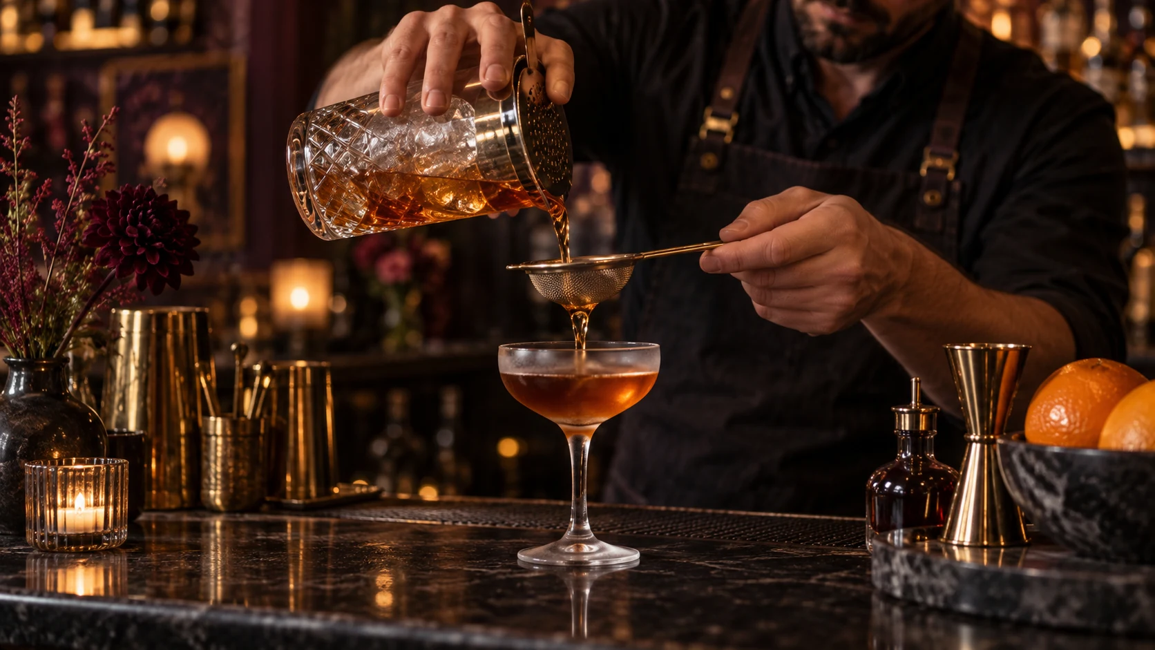 Cocktail wordt door een zeef geschonken