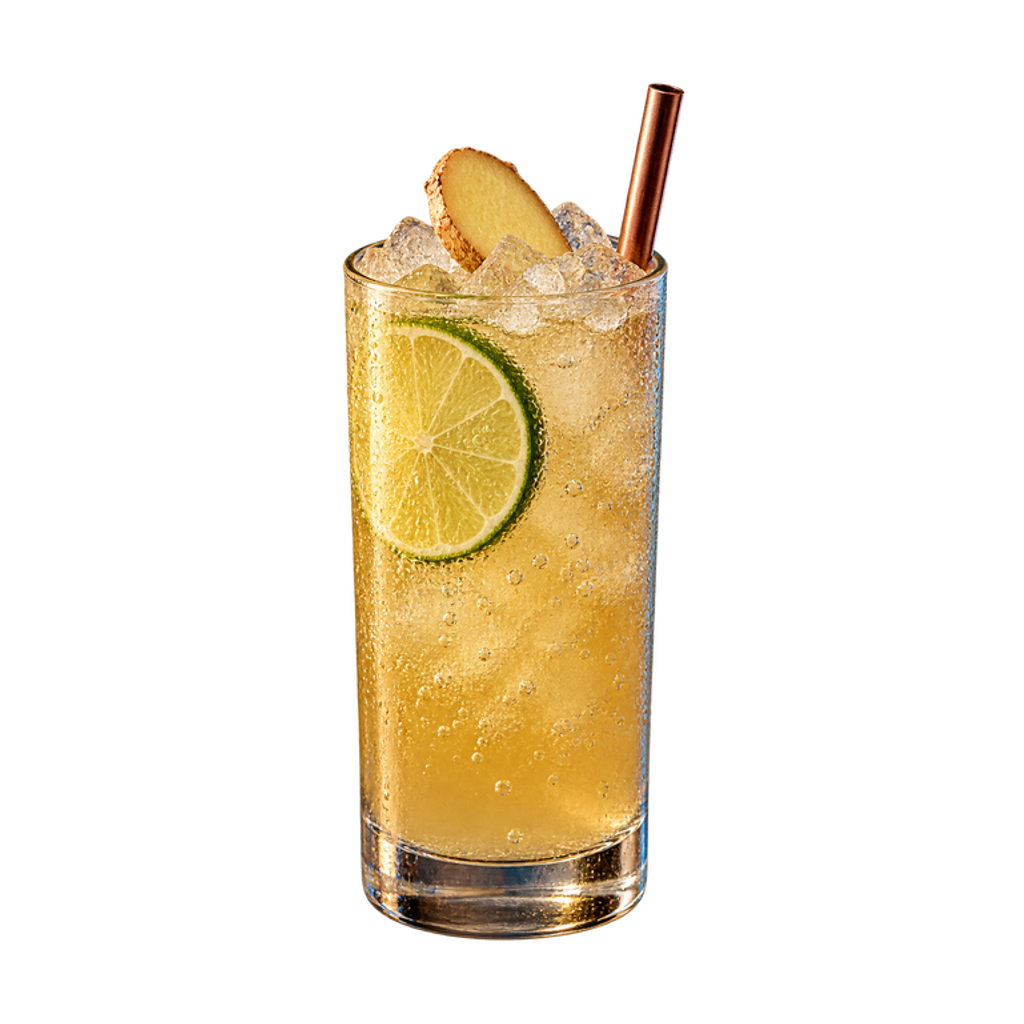 Hoge highball met troebele gemberlimonade, crushed ice, een schijf limoen en een koperen rietje
