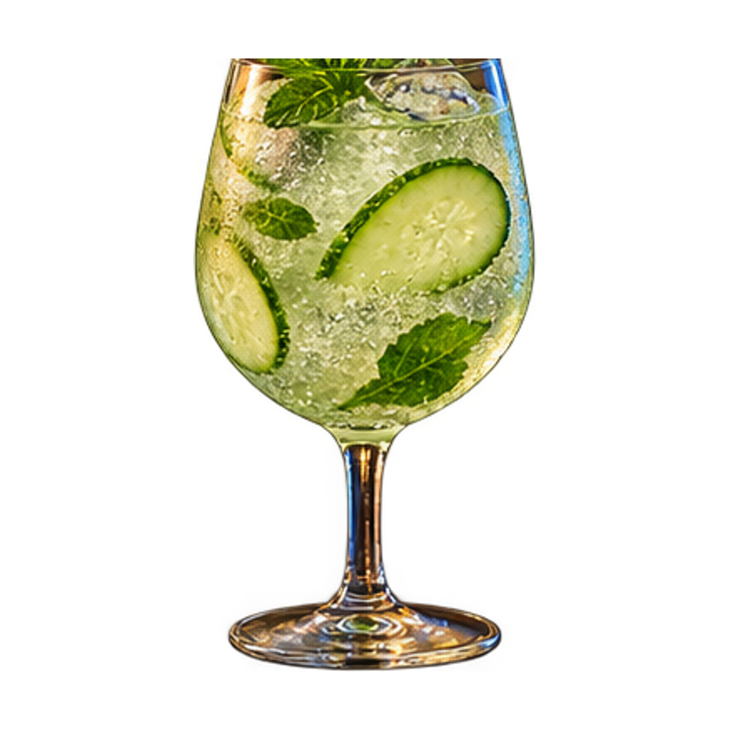 Alcoholvrije spritz in een groot wijnglas met bubbels, komkommerlint en munt