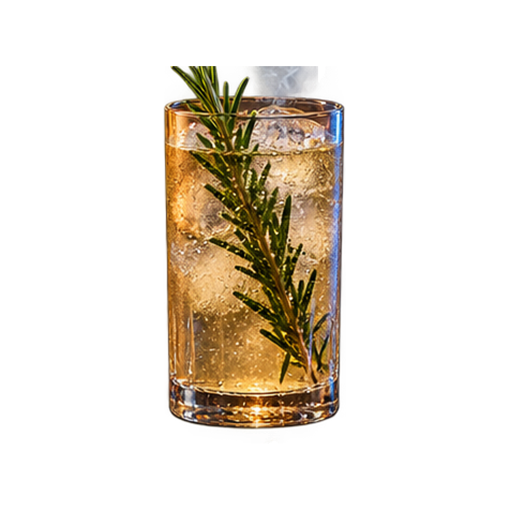 Hoge highball met heldere bubbels, lange ijsstaven, komkommer en een smeulend takje rozemarijn