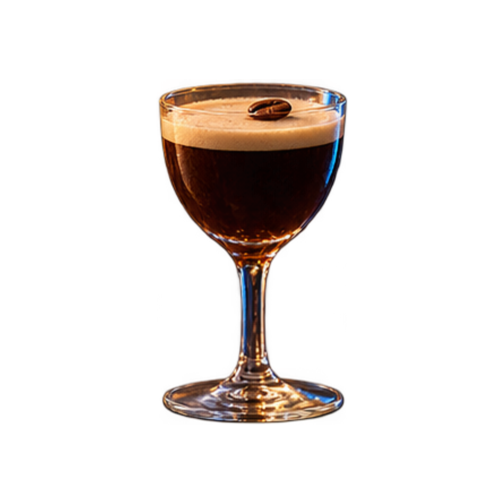 Klein tulpglas met een donker digestief, naast drie koffiebonen op een koperen onderzetter