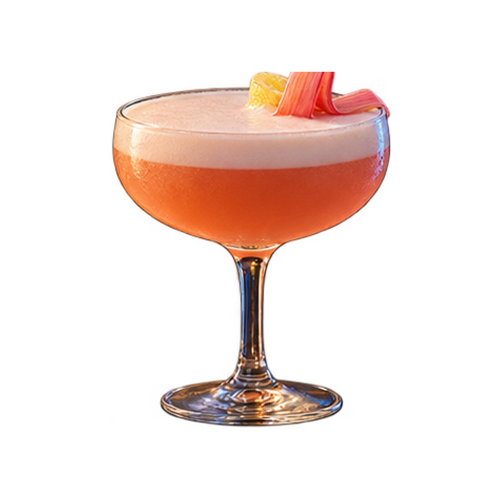 Rabarbersour in een coupe met een dikke witte schuimkraag en een lijntje bitter