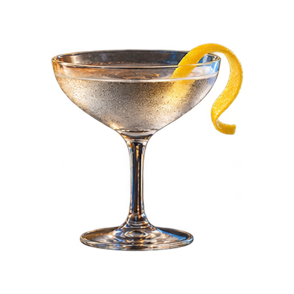 IJskoude martini in een kleine coupe met een lange citroenzeste over de rand