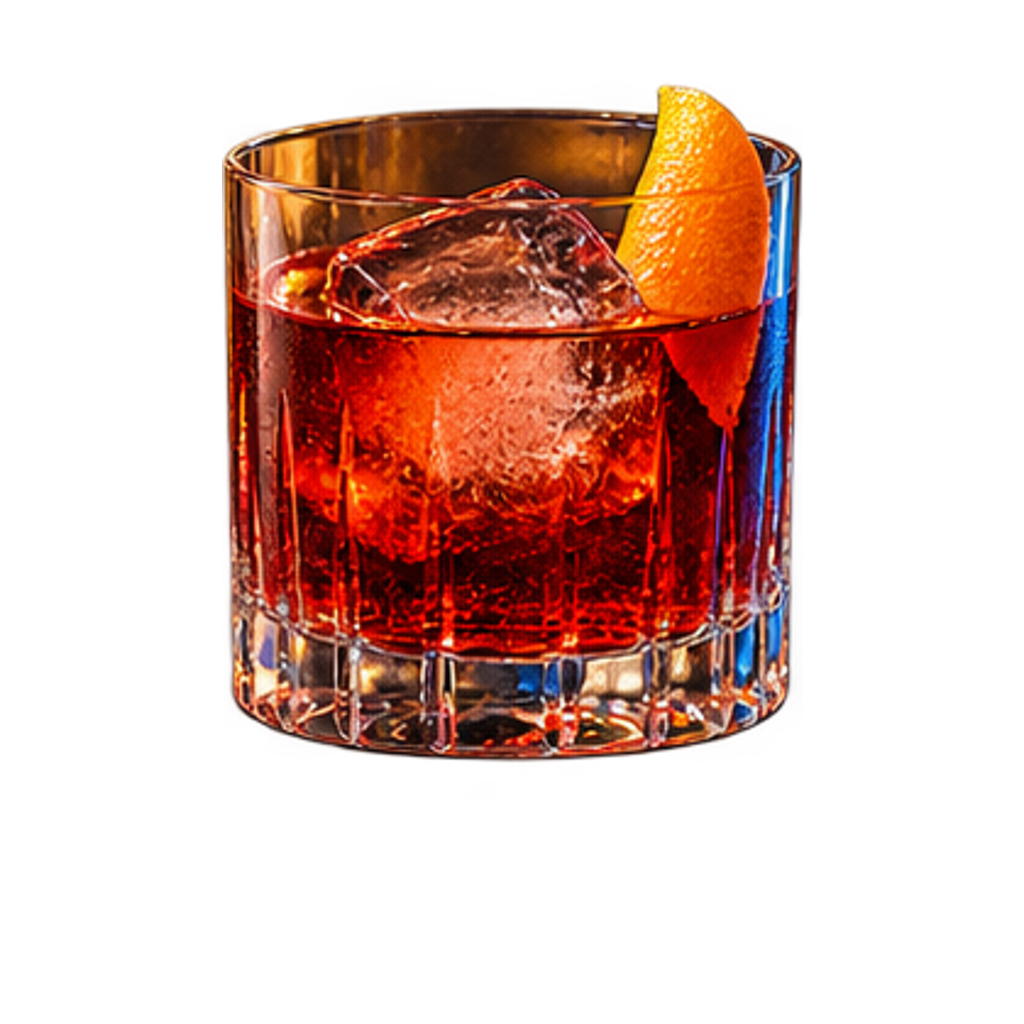 Negroni in een zwaar laag glas op één groot ijsblok met een reep sinaasappelschil