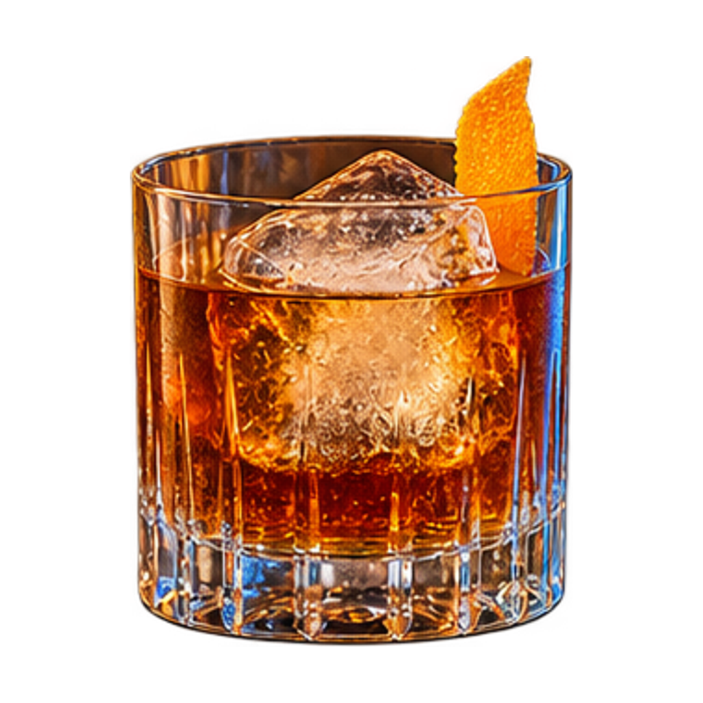 Old fashioned met amberkleurige whiskey op één helder ijsblok en een sinaasappelzeste