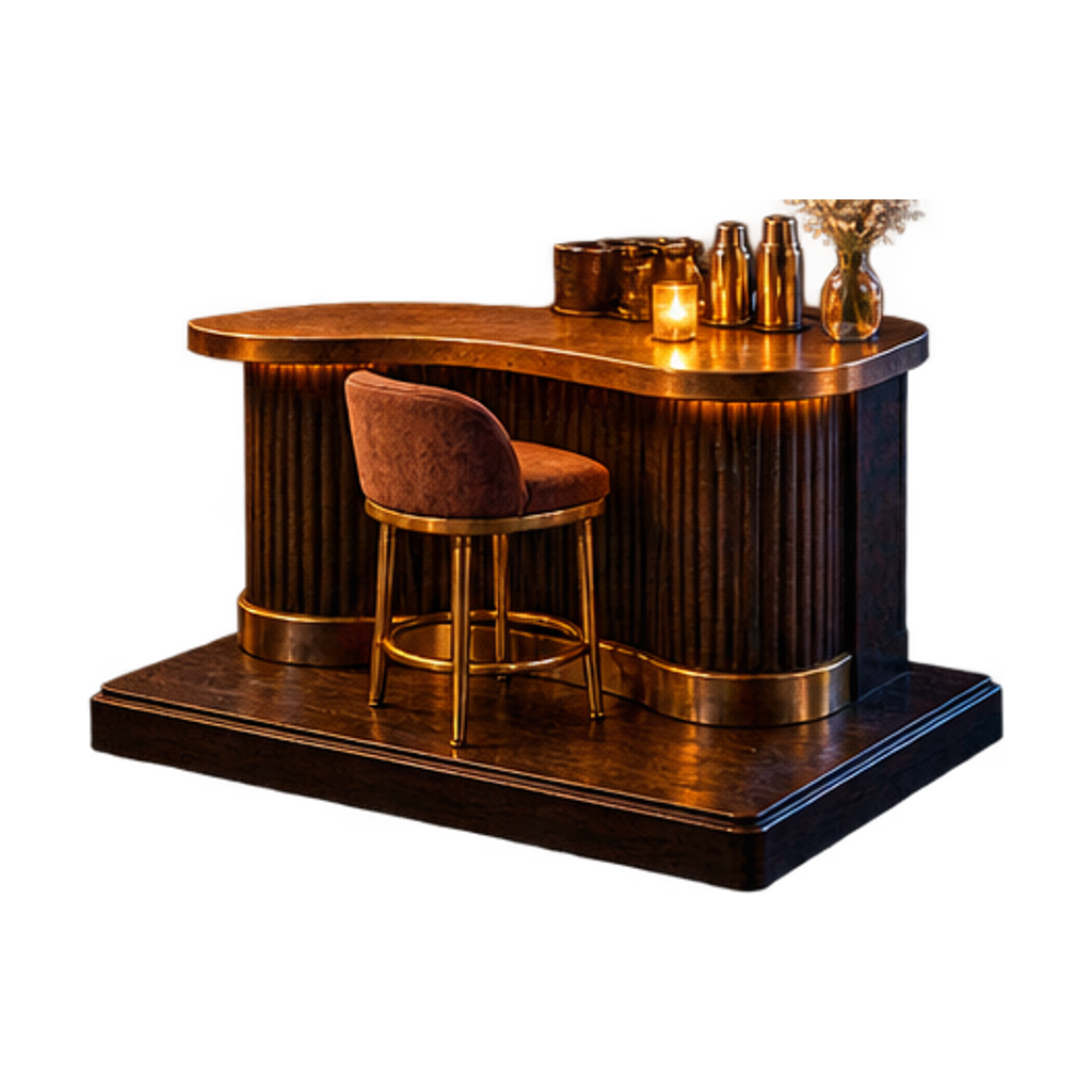Miniatuur van een stuk bar in donker eiken met een koperen voetrail, twee bordeauxrode krukken, een kaars en twee cocktails