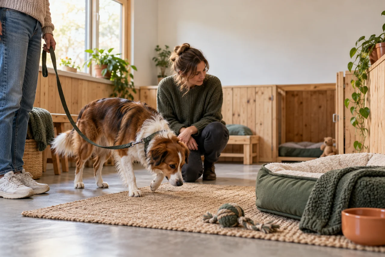 Hond maakt rustig kennis met een verblijfsruimte