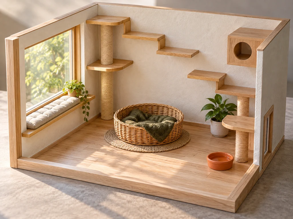Maquette van kattenkamer met klimwand