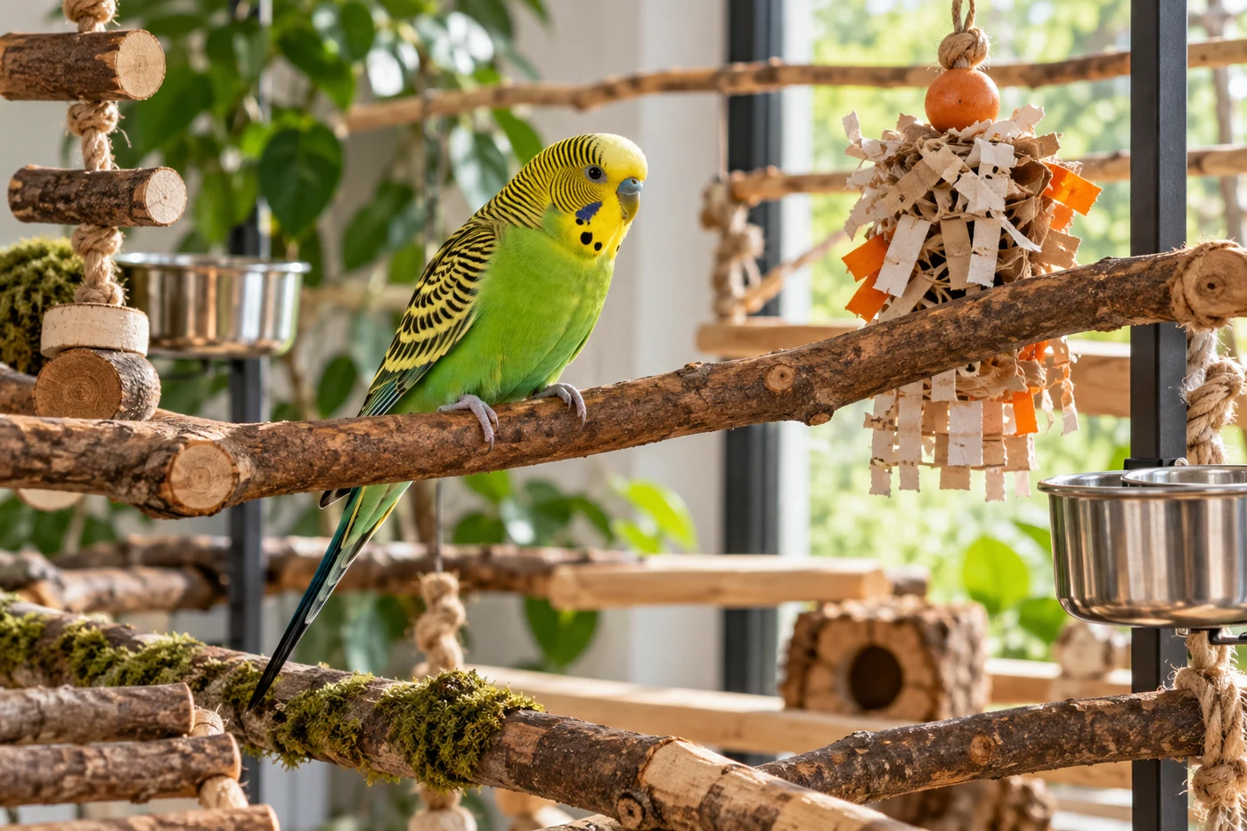 Parkiet op een natuurlijke zitstok