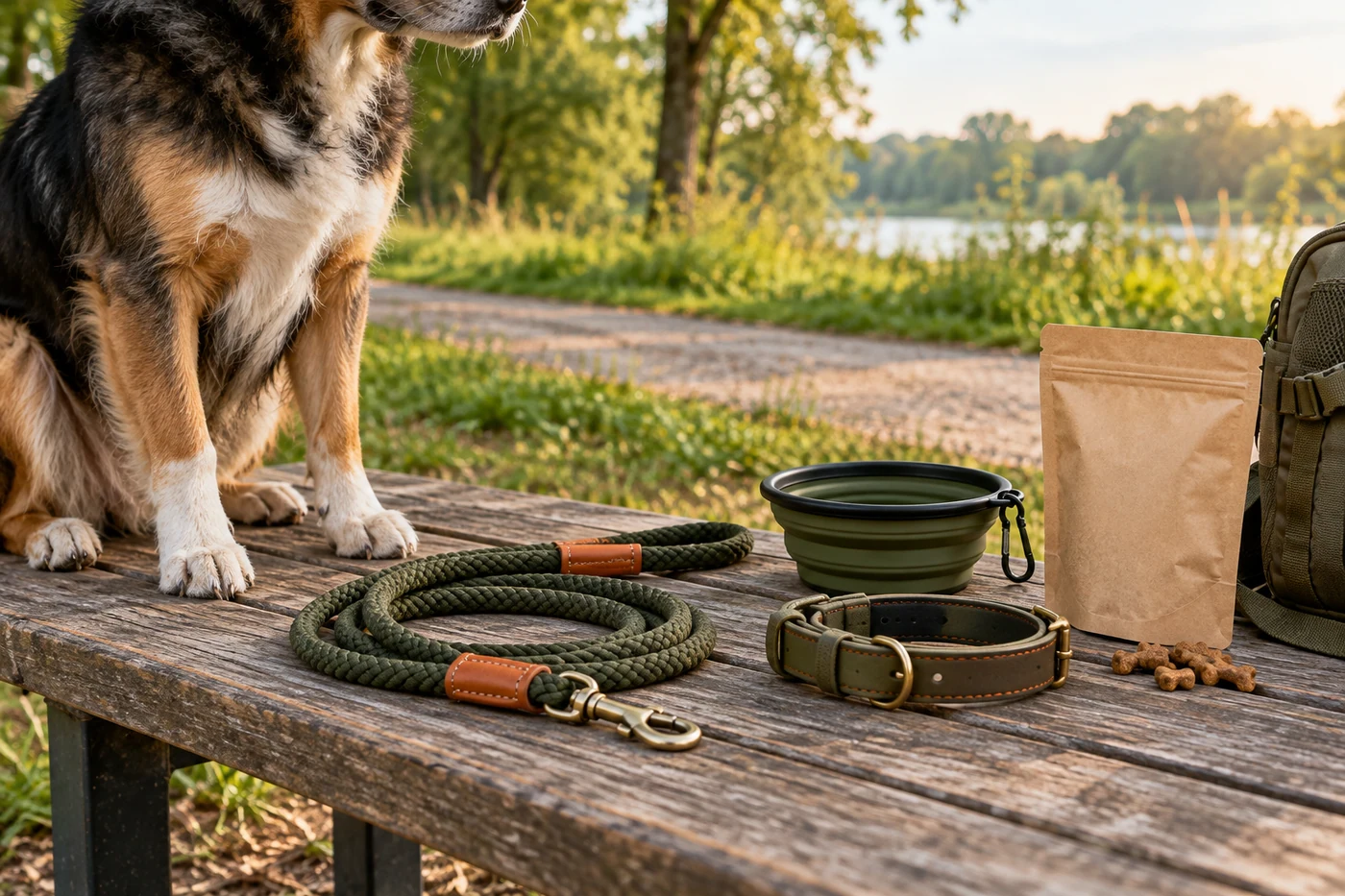 Wandelspullen voor een hond op een houten bank