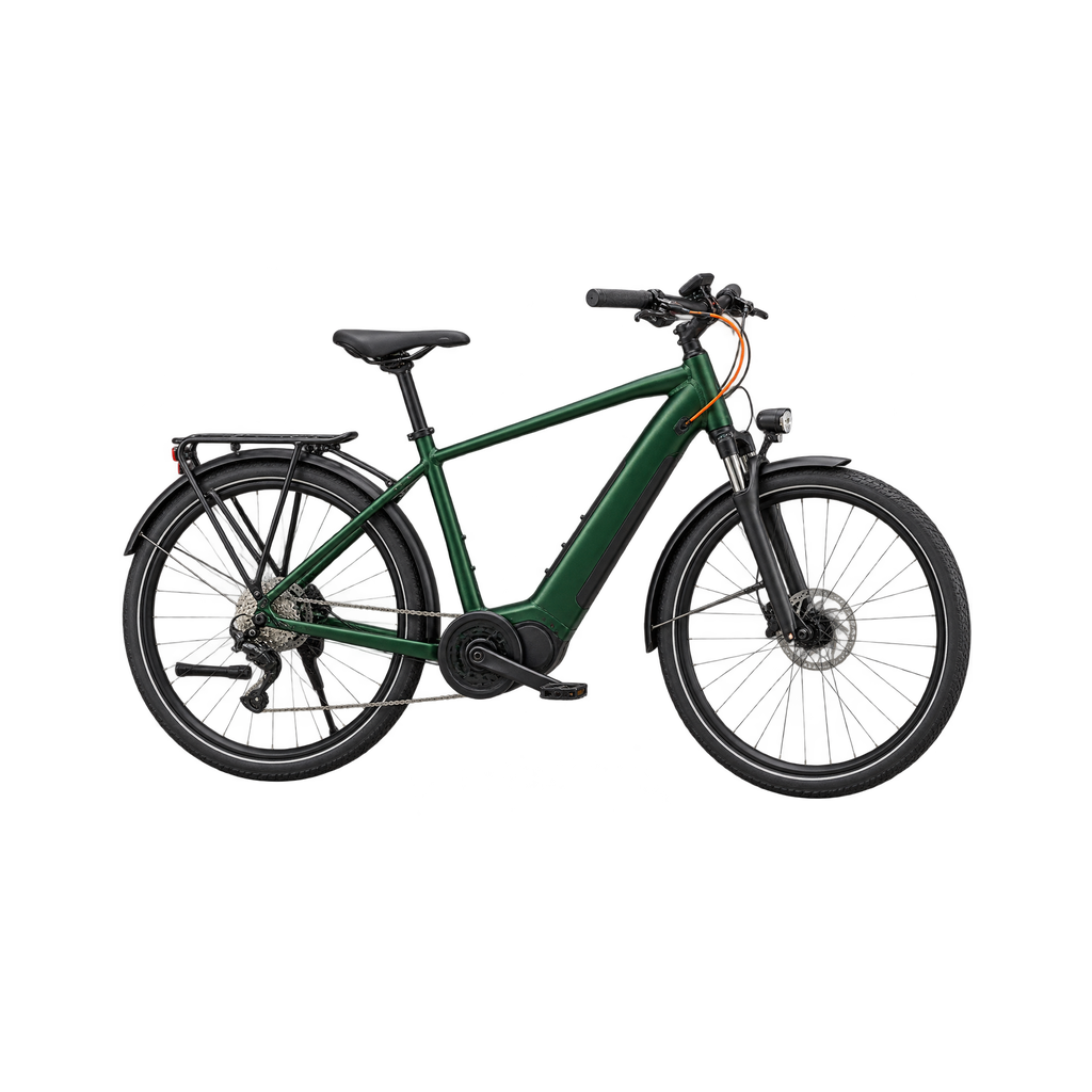 Groene e-bike met middenmotor, accu in de onderbuis en bagagedrager, in zijaanzicht