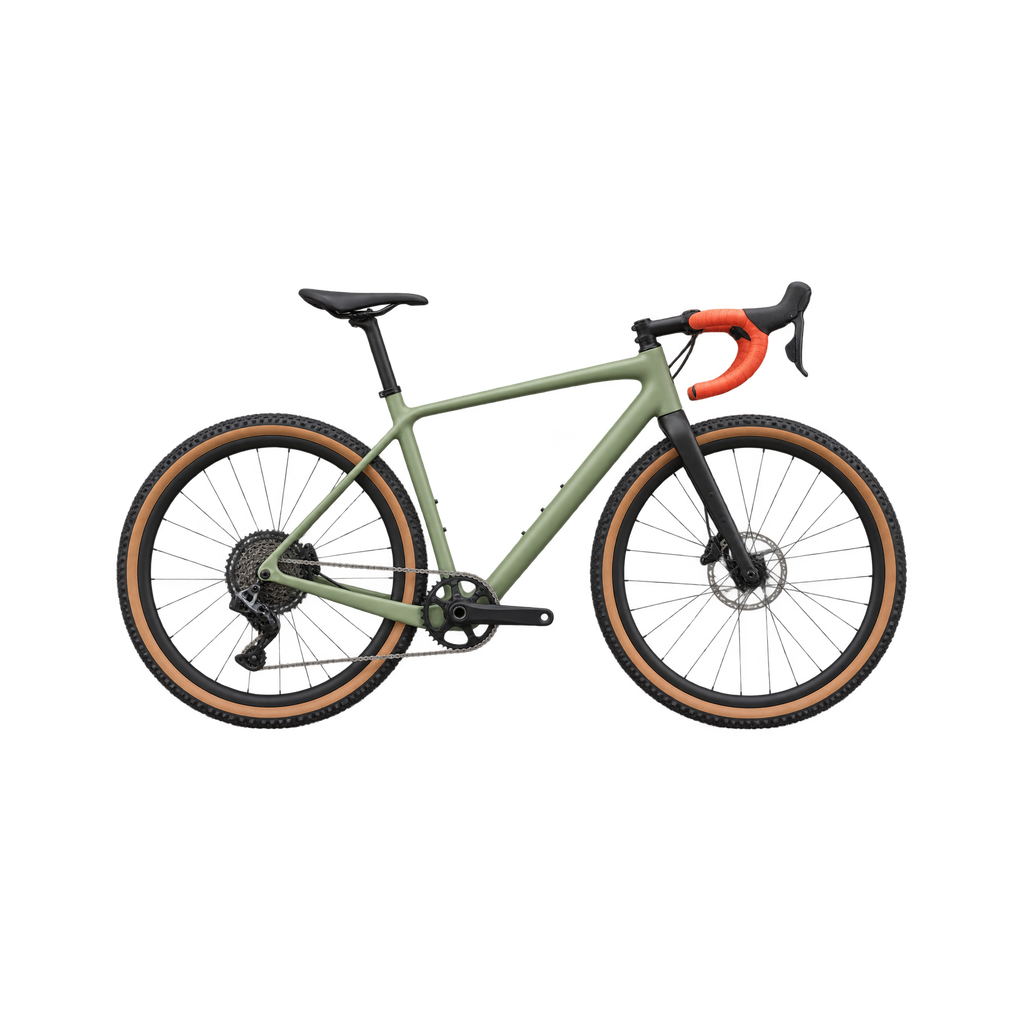 Gravelbike met brede banden en oranje stuurlint
