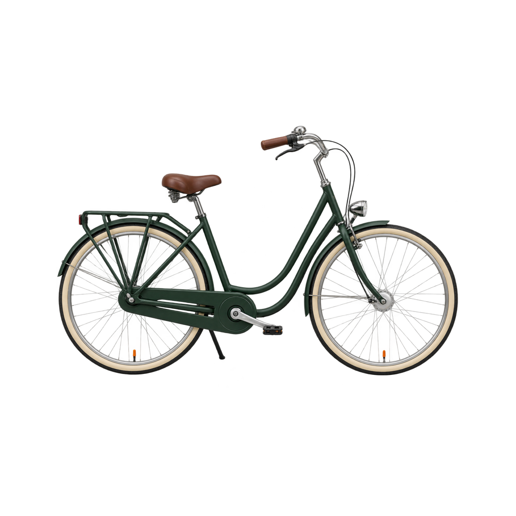 Groene stadsfiets met lage instap, kettingkast en bagagedrager