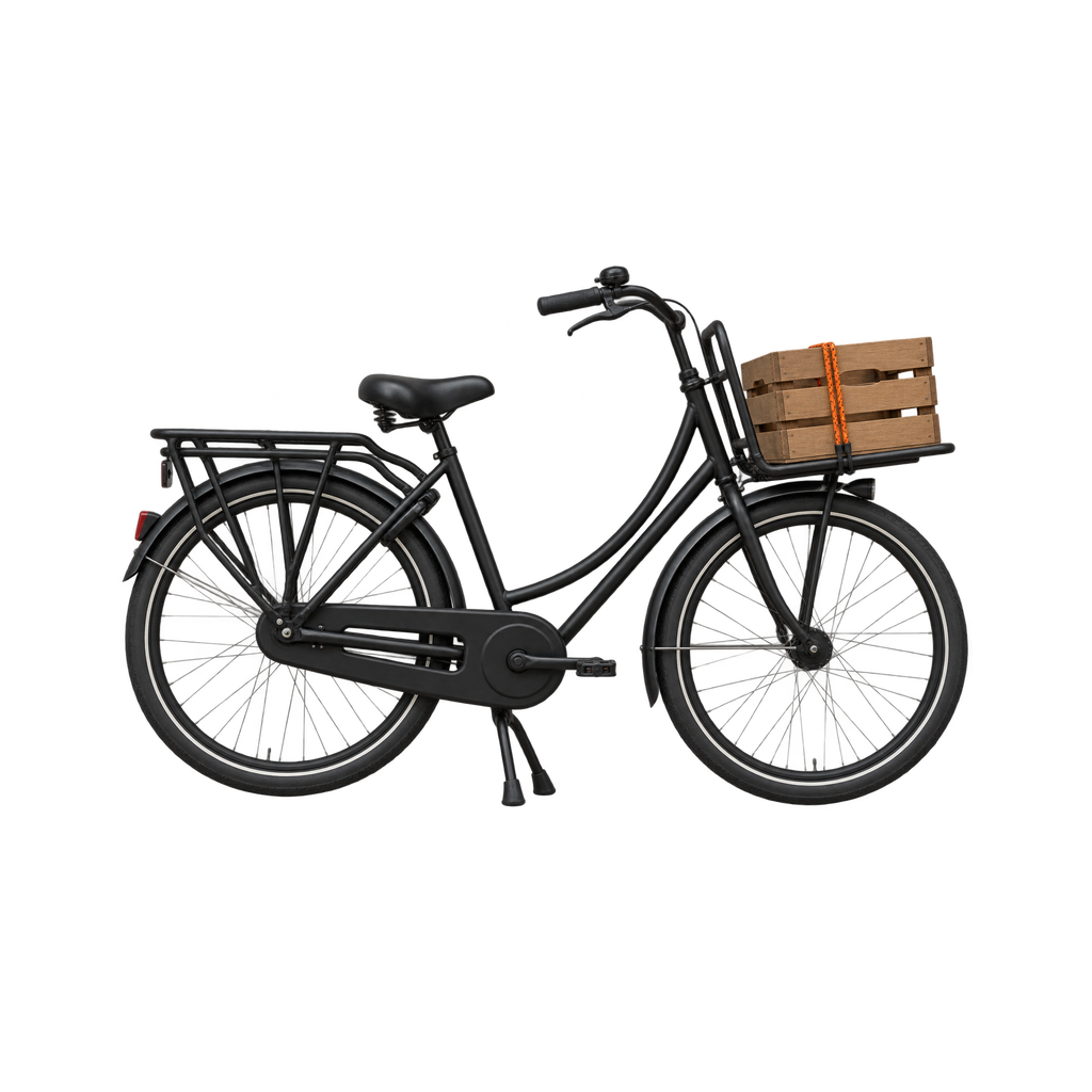 Zwarte transportfiets met een houten krat voorop