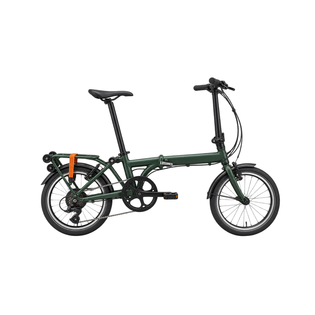 Uitgevouwen vouwfiets met kleine wielen en scharnieren in frame en stuurpen
