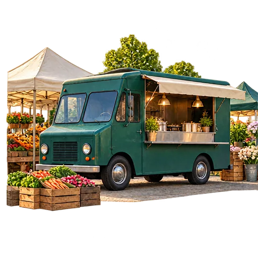 De truck tussen de marktkramen