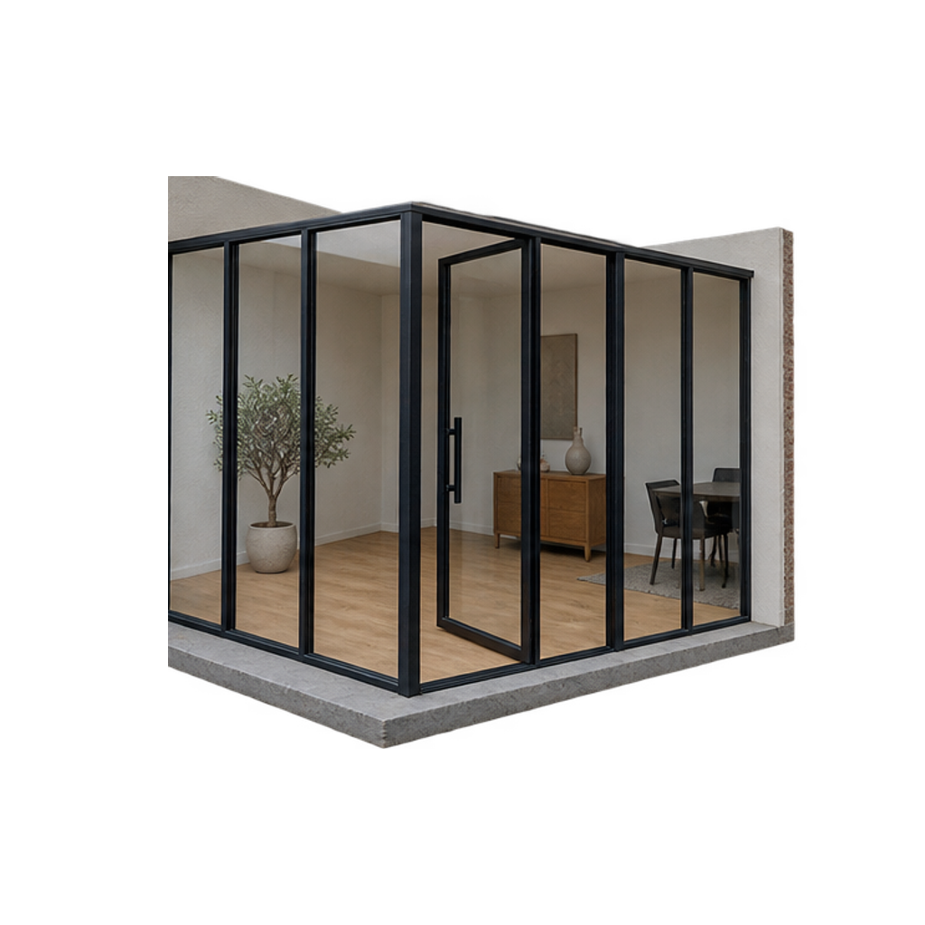 Maquette van een kamerhoek met een glazen binnenwand in een zwart stalen profiel en een half geopende taatsdeur